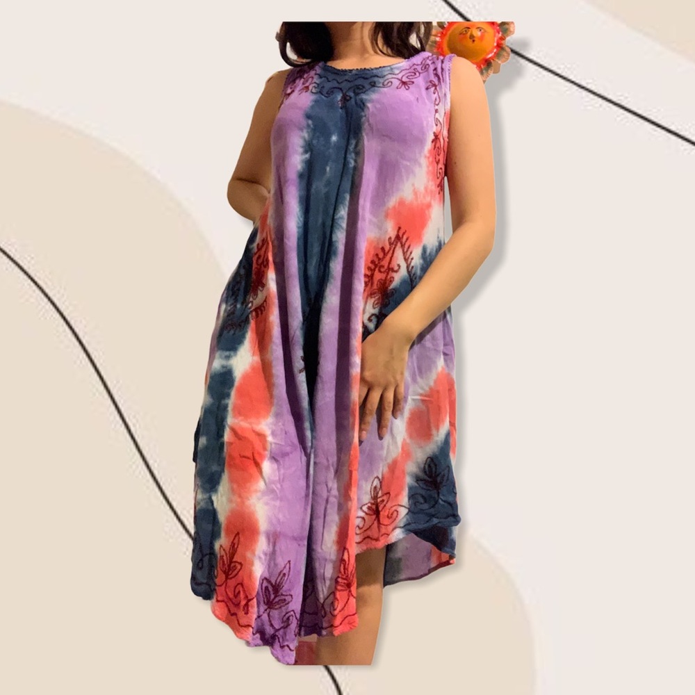 Free size hippie tie dye distressed flowy dress